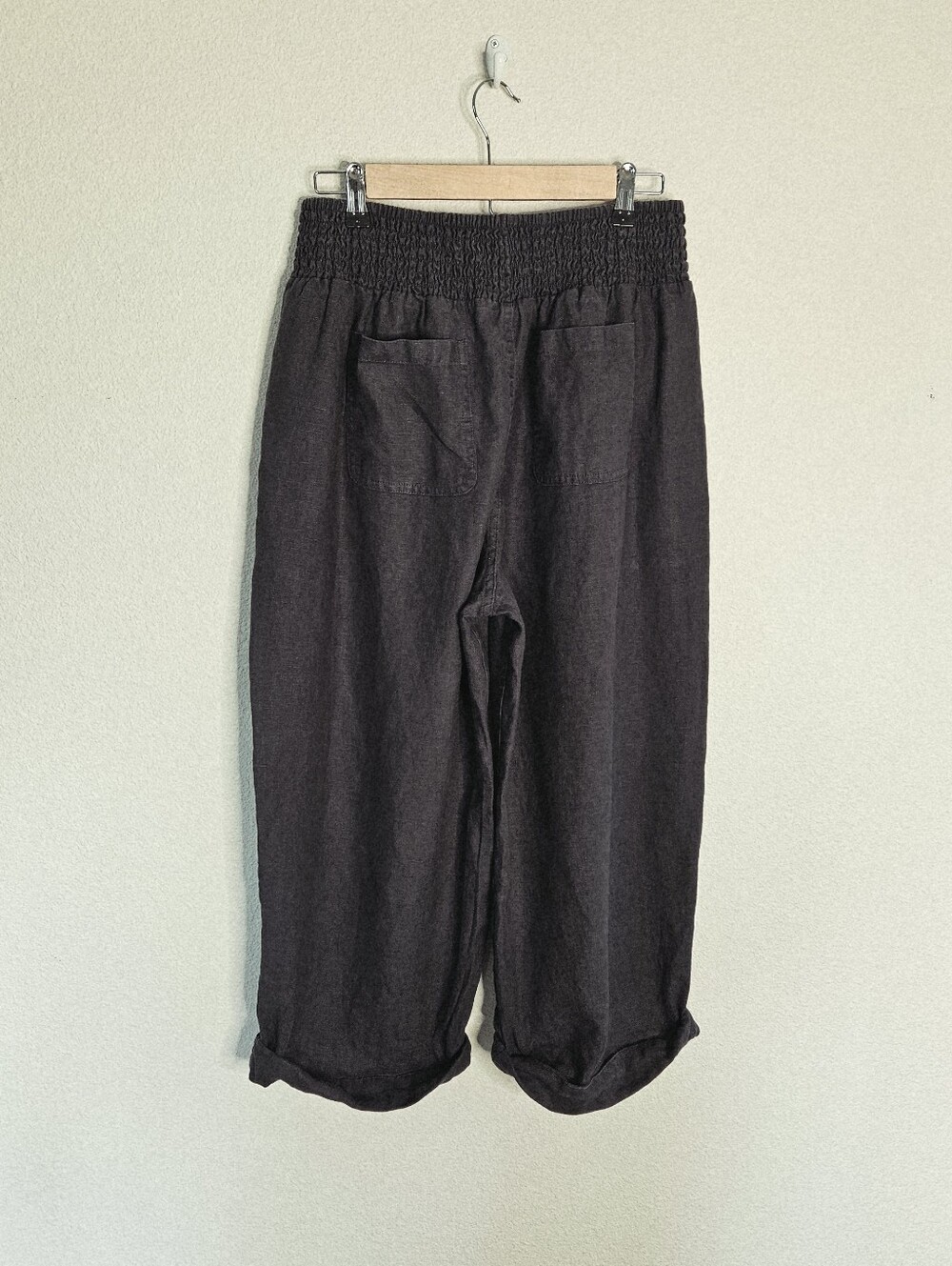 NOMAD The Label Nautical French Linen Pants Cuffed Cropped Charcoal L